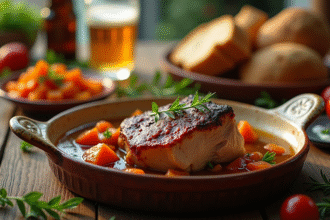 Table rustique avec porc braise et légumes frais
