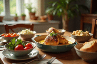Repas familial avec plat de lapin au four et sauce à la moutarde