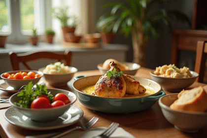 Repas familial avec plat de lapin au four et sauce à la moutarde