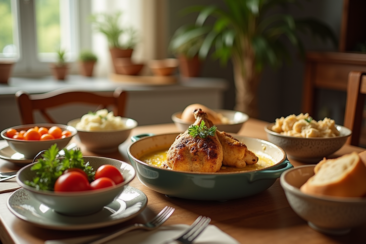 Repas familial avec plat de lapin au four et sauce à la moutarde