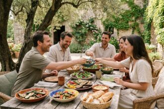 Amis attablés en plein air autour d'un repas convivial avec salades, légumes grillés et pain frais dans un jardin ombragé