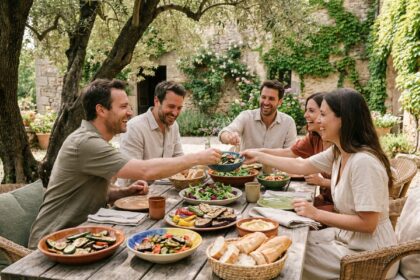 Amis attablés en plein air autour d'un repas convivial avec salades, légumes grillés et pain frais dans un jardin ombragé