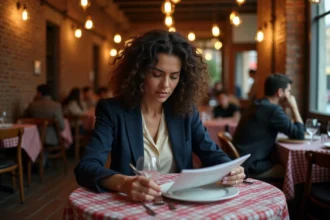 Femme consultant un menu dans une brasserie typique de Lille, ambiance chaleureuse et décor bistrot traditionnel