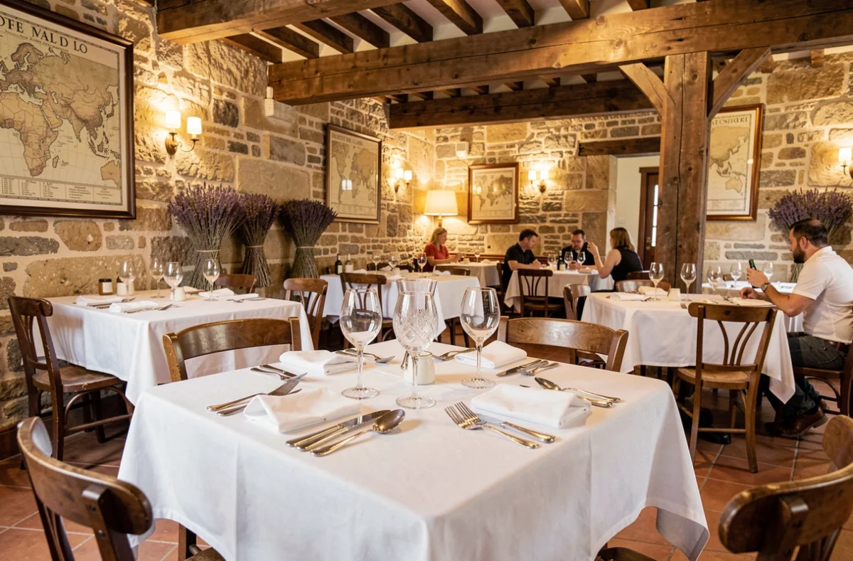 Salle de restaurant gastronomique en Centre-Val de Loire avec tables dressées et décor en pierre