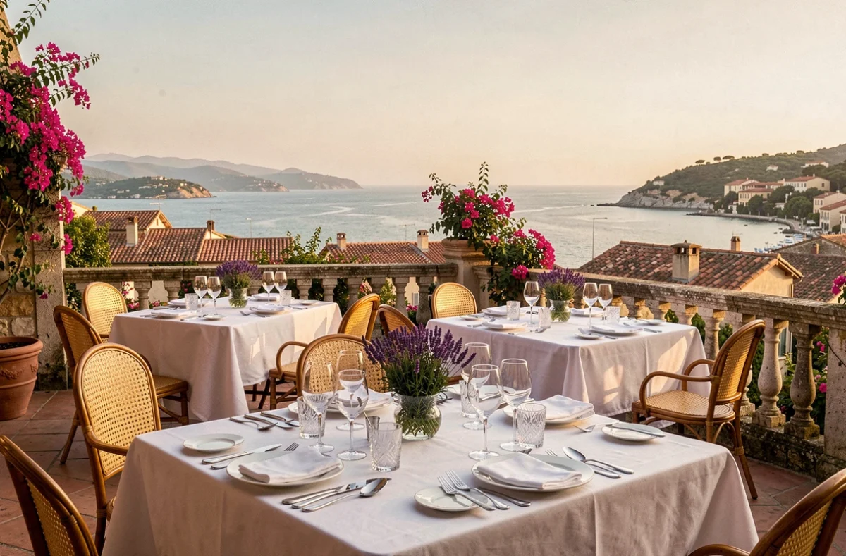 Vue panoramique d'une terrasse gastronomique en Provence-Alpes-Côte d'Azur surplombant la Méditerranée, évoquant l'excellence des restaurants étoilés de la région