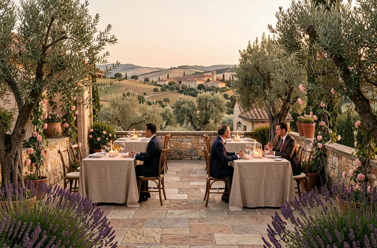 Terrasse romantique de restaurant provençal au crépuscule avec couples dînant aux chandelles, oliviers et vue sur les collines