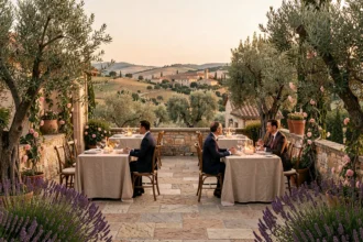 Terrasse romantique de restaurant provençal au crépuscule avec couples dînant aux chandelles, oliviers et vue sur les collines