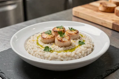 Risotto crémeux aux Saint-Jacques garni de persil et de parmesan râpé dans un bol en céramique blanche, style restaurant gastronomique