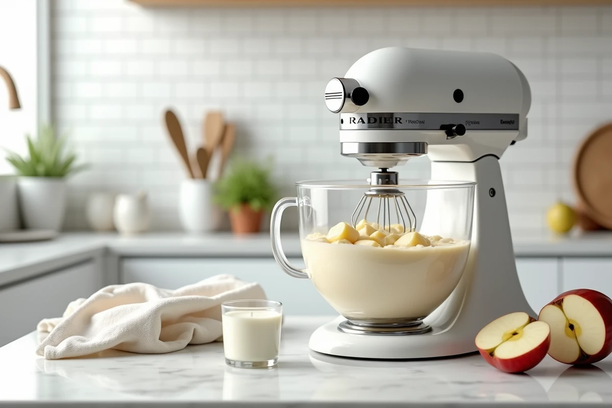 Robot pâtissier en action pour préparer la pâte du gâteau au yaourt aux pommes avec des ingrédients posés sur un plan de travail en marbre blanc