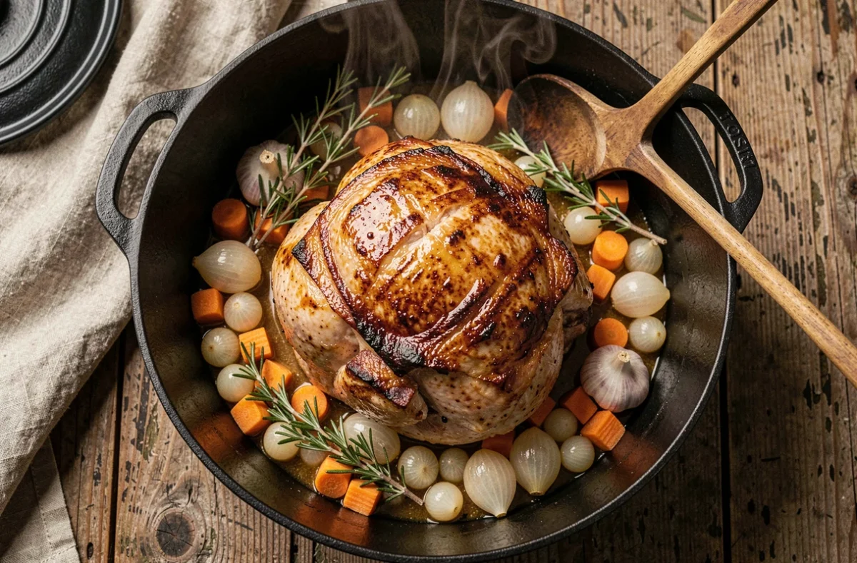 Rôti de porc fondant dans une cocotte en fonte noire avec légumes mijotés et jus ambré, vu de dessus