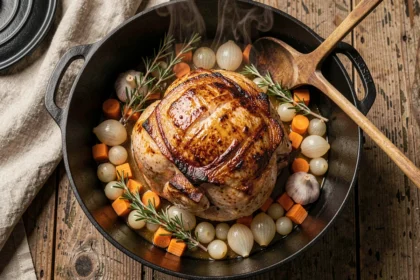 Rôti de porc fondant dans une cocotte en fonte noire avec légumes mijotés et jus ambré, vu de dessus