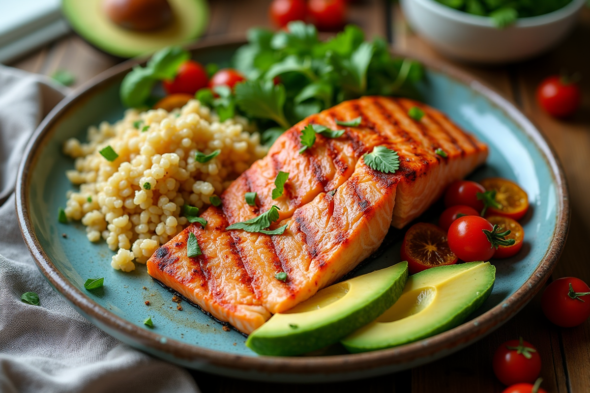 Assiette colorée de saumon grillé avec quinoa et légumes