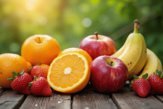 Sélection de fruits bio colorés sur table en plein air