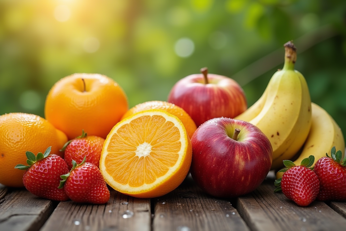 Sélection de fruits bio colorés sur table en plein air