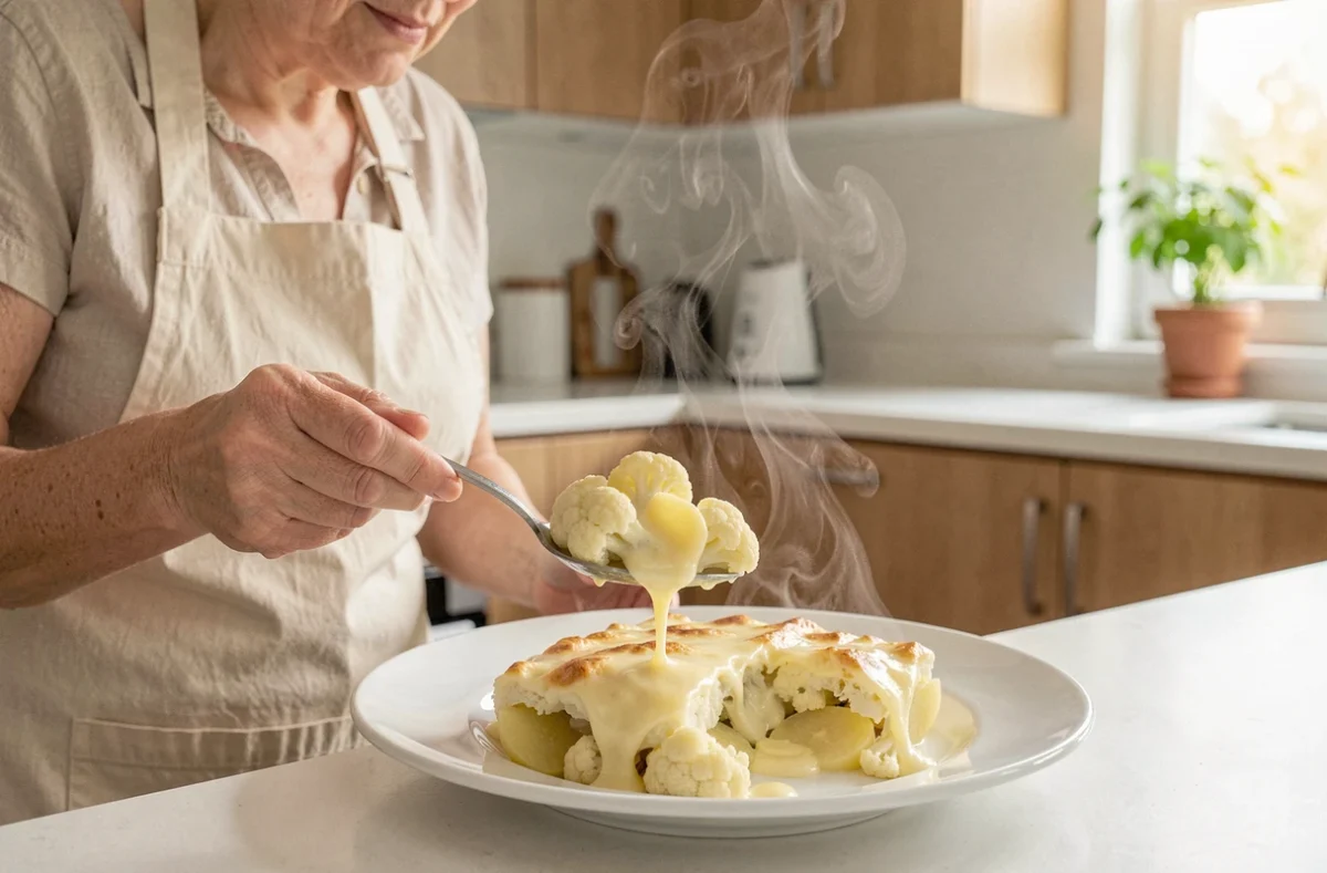 Femme servant une portion de gratin de chou-fleur et pommes de terre fumant dans une assiette blanche
