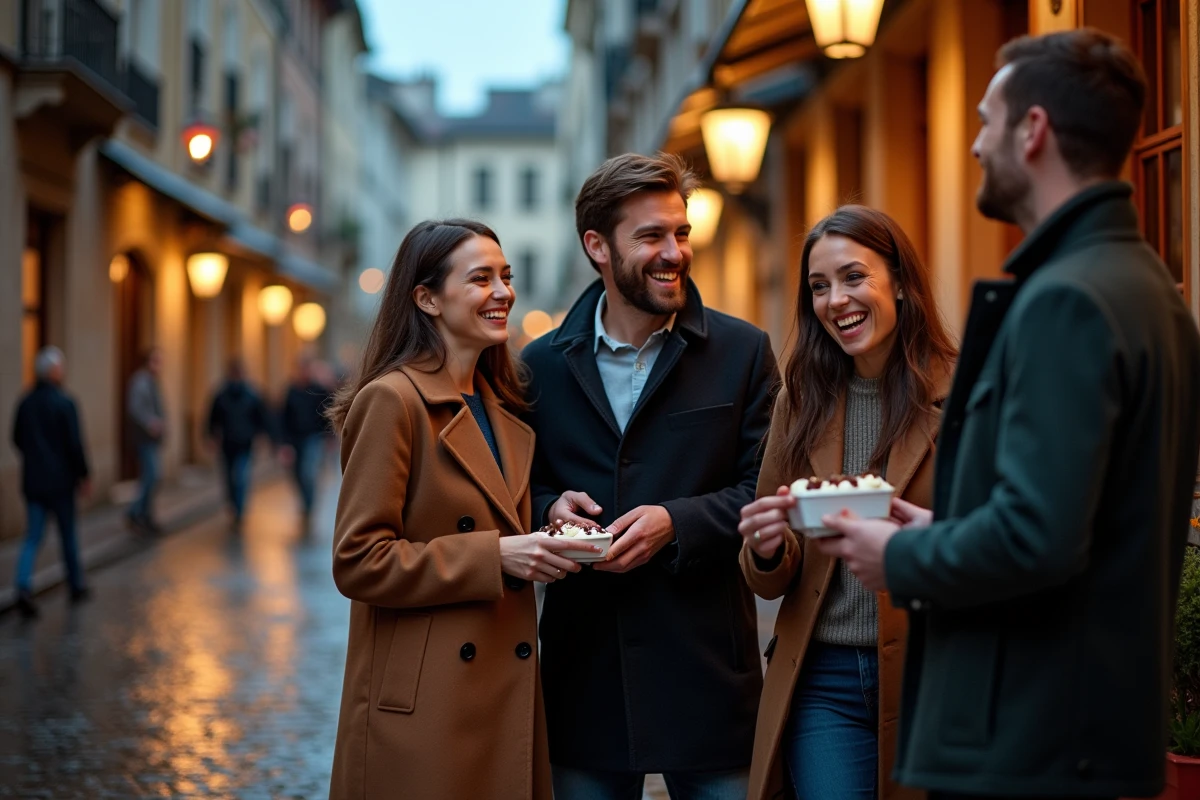 Groupe d'amis savourant la fin d'une soirée gastronomique dans les rues pavées du Vieux-Lyon
