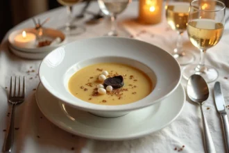 Soupe champagne raffinée servie dans un bol en porcelaine blanche, garnie de feuilles d'or et de truffe noire pour un réveillon élégant