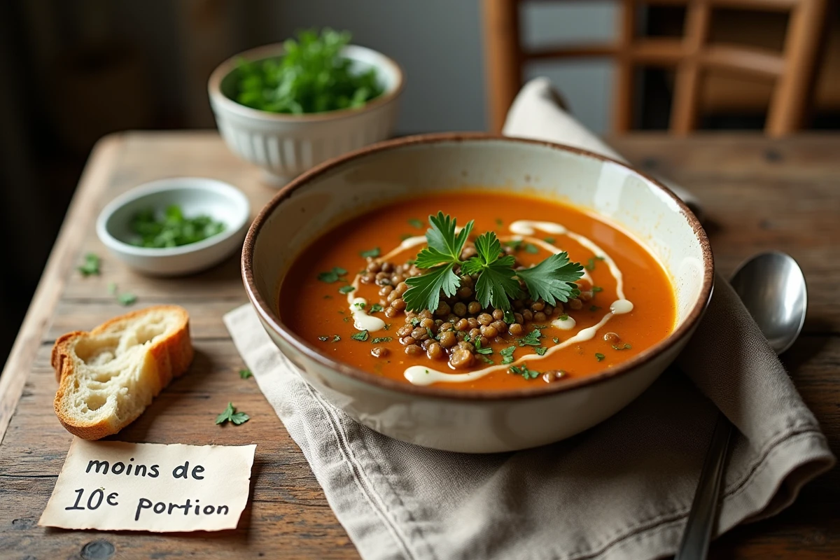 Bol de soupe de lentilles maison économique sur table rustique avec note de coût par portion
