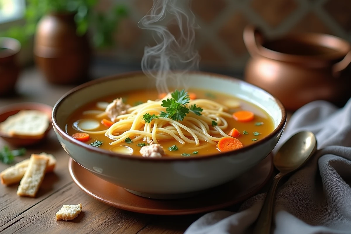 Bol de soupe vermicelle au poulet fermier maison posé sur une table en bois rustique avec une cuillère en céramique et une serviette en lin, ambiance cuisine grand-mère