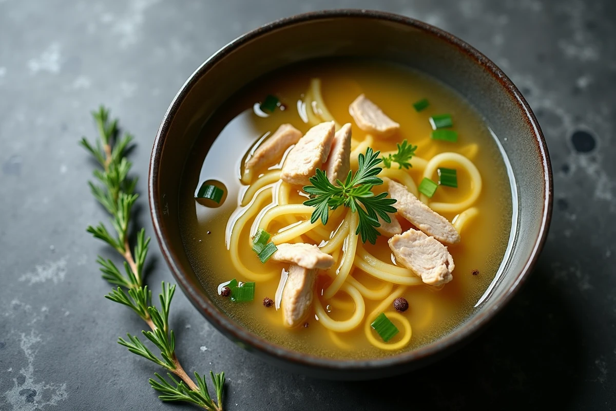 Vue de dessus d'un bol de soupe vermicelle au poulet maison en céramique sur une surface en ardoise grise, avec thym frais et bouillon doré translucide, photographie culinaire éditoriale