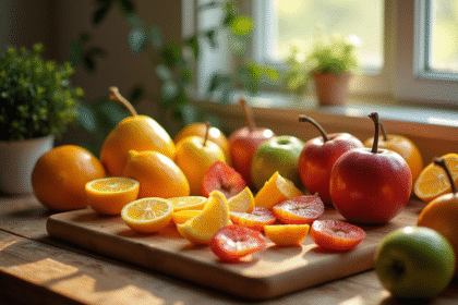 Table en bois avec fruits rares U sur une planche