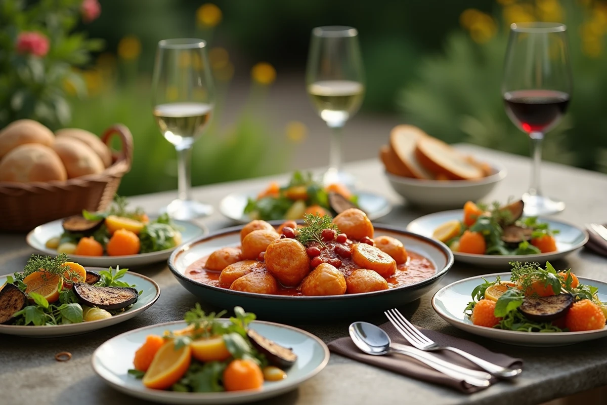 Table de dîner méditerranéen avec paupiettes de veau en sauce tomate olive aubergines grillées salade fenouil et pain
