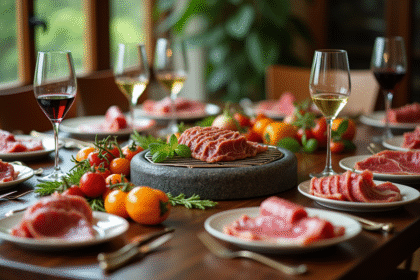 Table élégante pour pierrade avec viande et vin