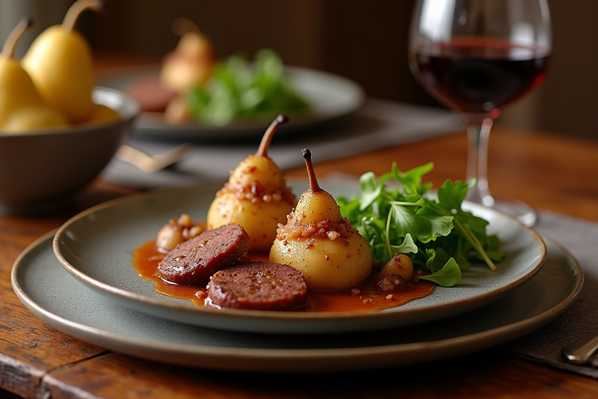 Table élégante avec boudin noir et poires rôties
