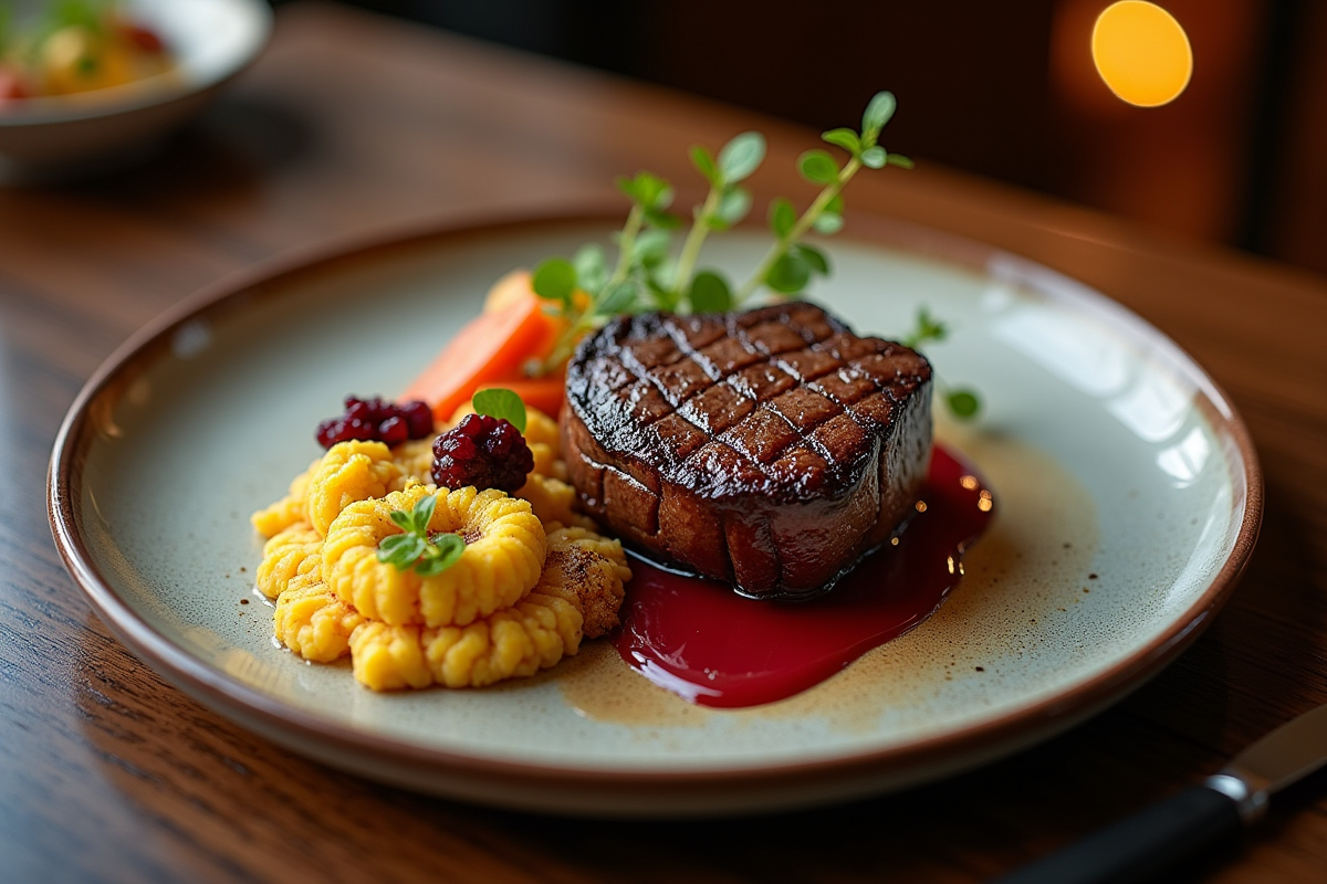 Vue de dessus d une table élégante avec côte de boeuf et accompagnements innovants