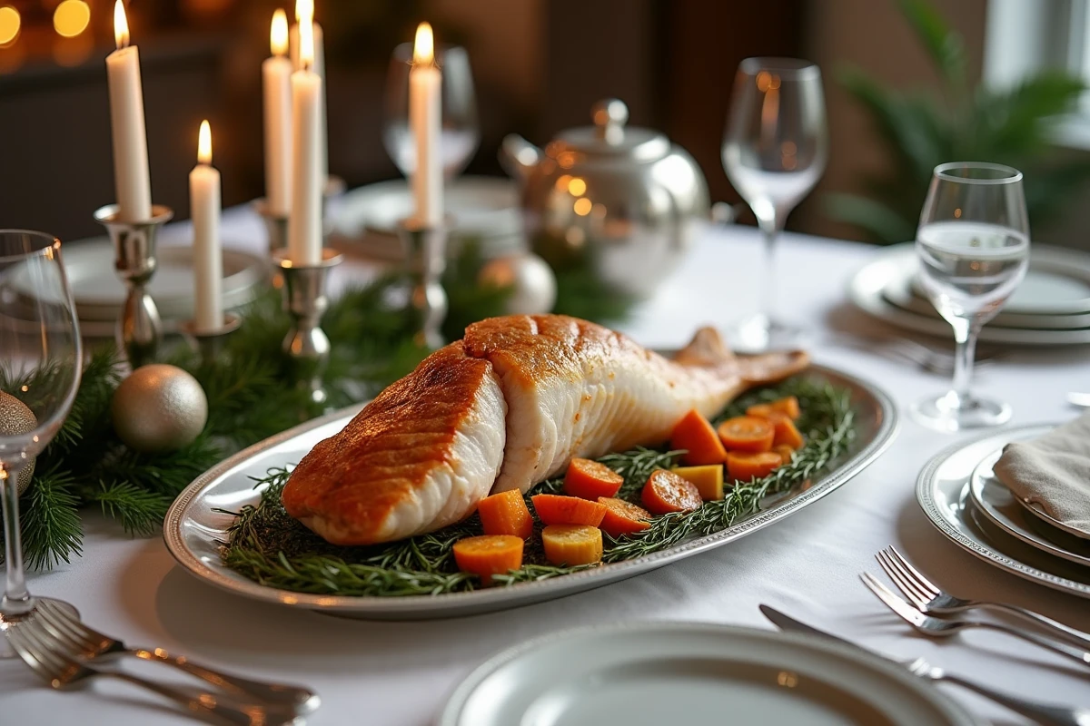 Table de Noël élégante avec un plat de queue de lotte rôtie au centre pour un repas festif et chic