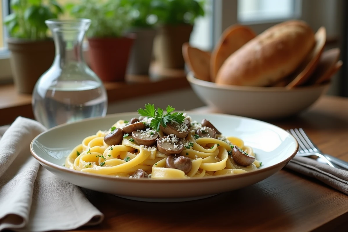 Assiette de tagliatelle avec sauce aux porcini sur la table