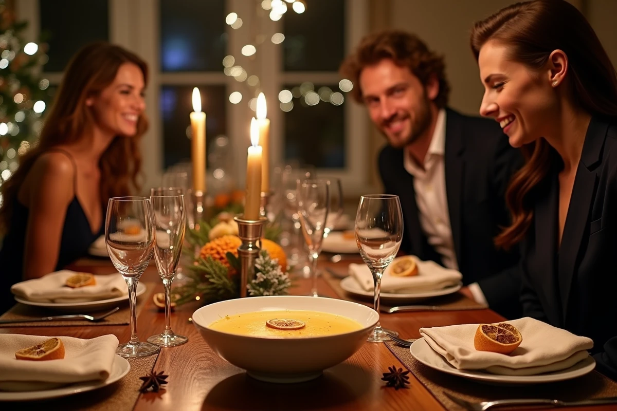 Table de réveillon élégante avec des bols de soupe au champagne fumante, bougies en argent et flûtes en cristal pour un dîner du Nouvel An raffiné