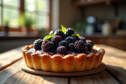 Tarte aux mures fraiche sur une table en bois rustique