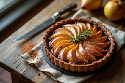 Tarte maison poire et chocolat avec ganache brillante et poires en éventail sur table en chêne rustique, vue de dessus