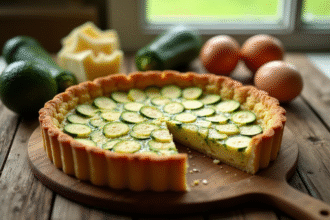 Tarte zucchini fraîchement cuite sur table en bois