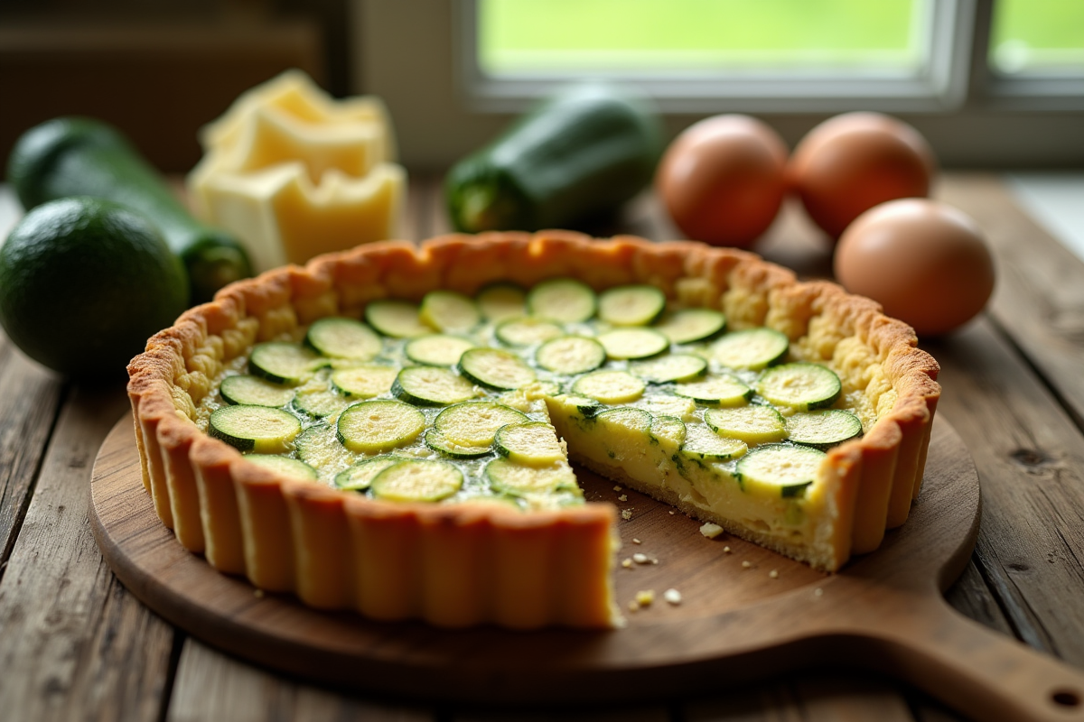 Tarte zucchini fraîchement cuite sur table en bois