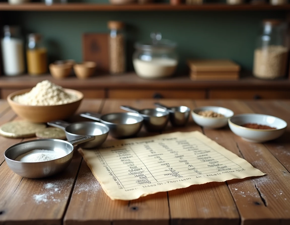 Tasses à mesurer américaines et tableau de conversion cup en grammes sur une table en bois rustique