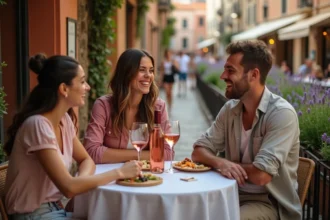 Groupe d'amis attablés en terrasse d'un restaurant sympa à Toulouse au printemps, partageant du vin rosé et des tapas dans une rue animée aux façades en pierre