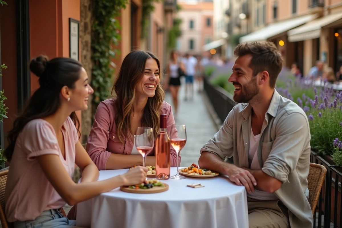 Groupe d'amis attablés en terrasse d'un restaurant sympa à Toulouse au printemps, partageant du vin rosé et des tapas dans une rue animée aux façades en pierre