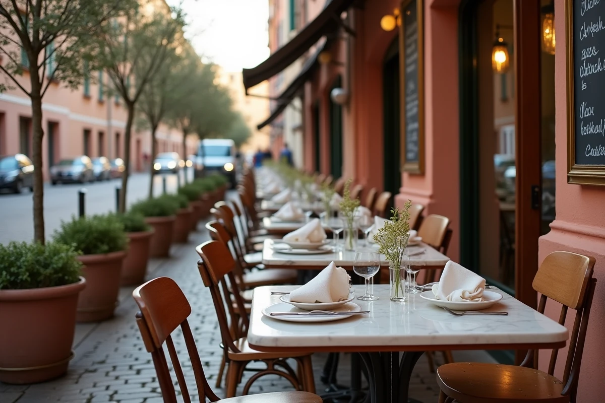 Terrasse de restaurant à Toulouse dressée pour le service du soir, avec tables en marbre, chaises vintage en bois et pavés anciens dans une ruelle typique aux murs en brique rose