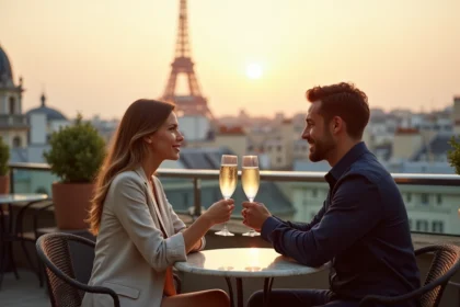 Terrasse rooftop parisienne avec vue sur la Tour Eiffel, deux convives portant un toast au champagne dans un décor chic de tables en marbre et chaises en fer forgé