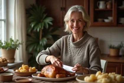 Femme souriante tranchant un rôti de porc dans la cuisine