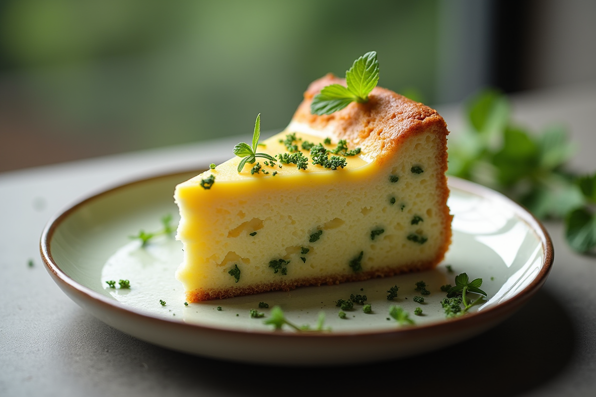 Tranche de gâteau de courgette et chèvre avec herbes fraîches