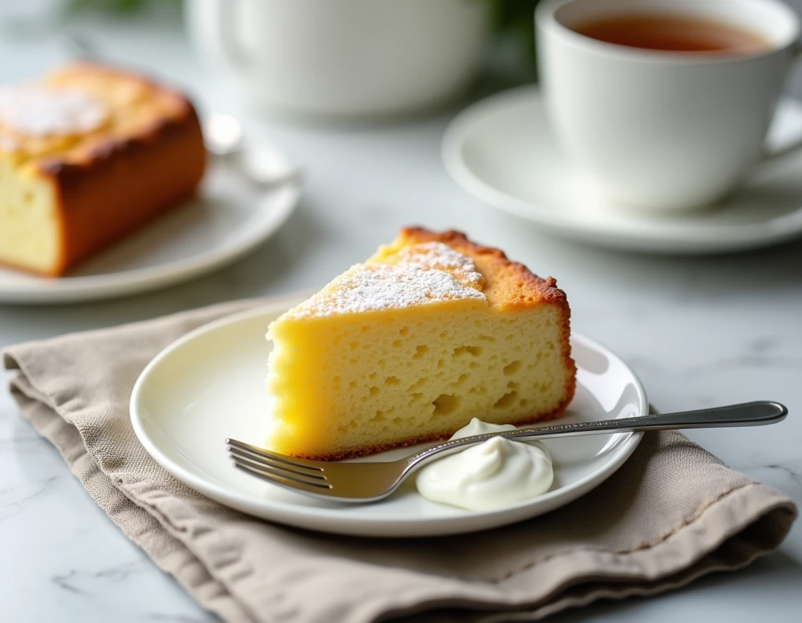 Tranche de gâteau au yaourt moelleux servie sur une assiette blanche avec une fourchette et une tasse de thé