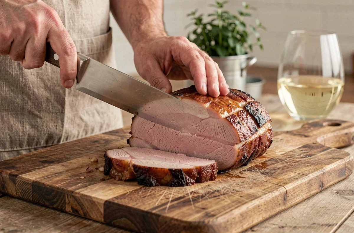 Tranche de rôti de porc fondant découpée sur une planche en bois révélant un intérieur juteux et une croûte dorée