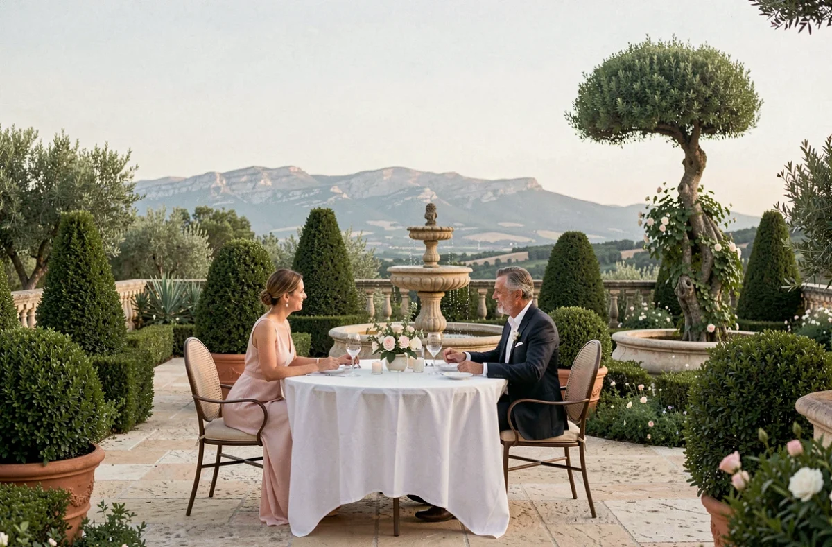 Terrasse gastronomique du Vallon de Valrugues à Saint-Rémy-de-Provence avec topiaires, fontaine provençale et vue sur les Alpilles