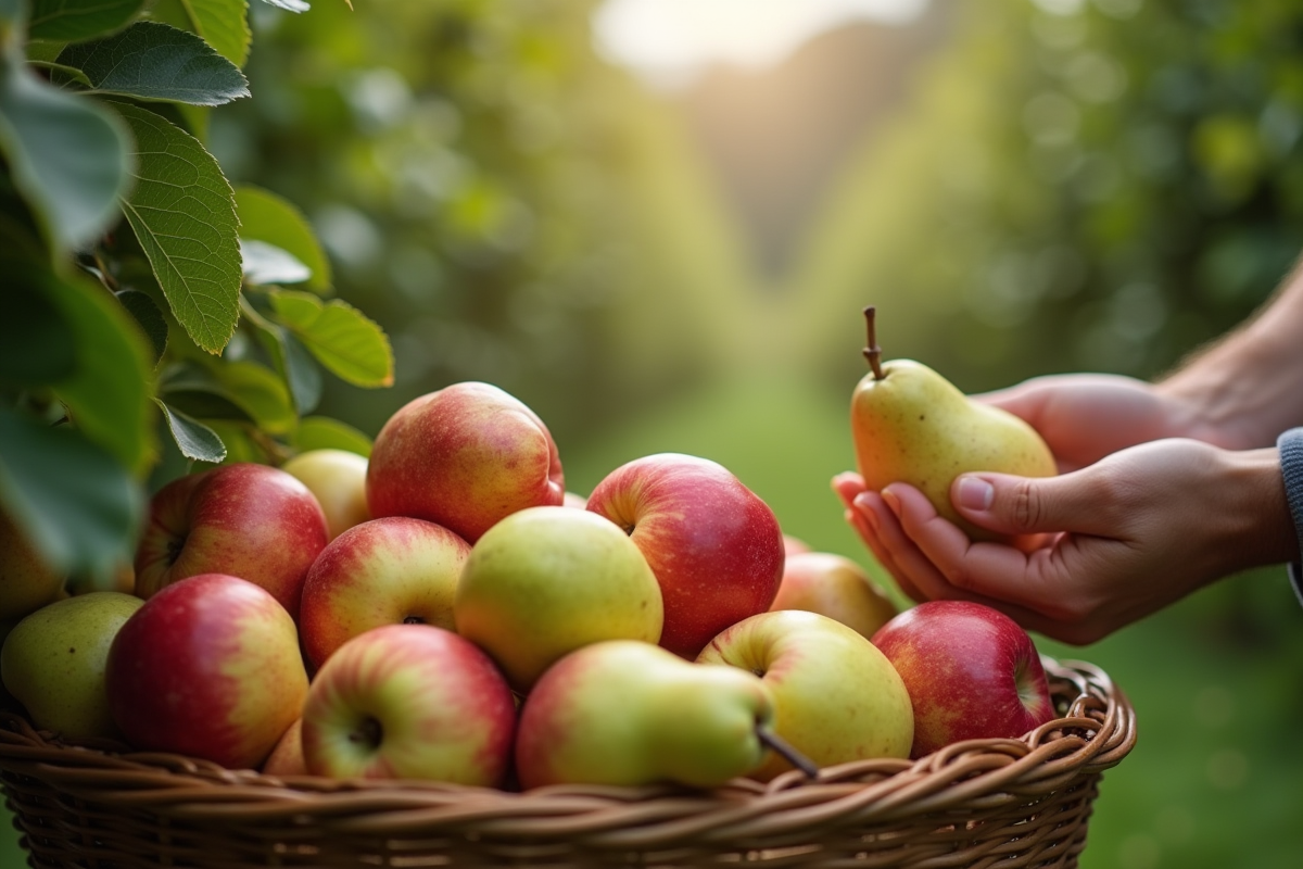 Verger avec paniers de pommes et poires bio en récolte