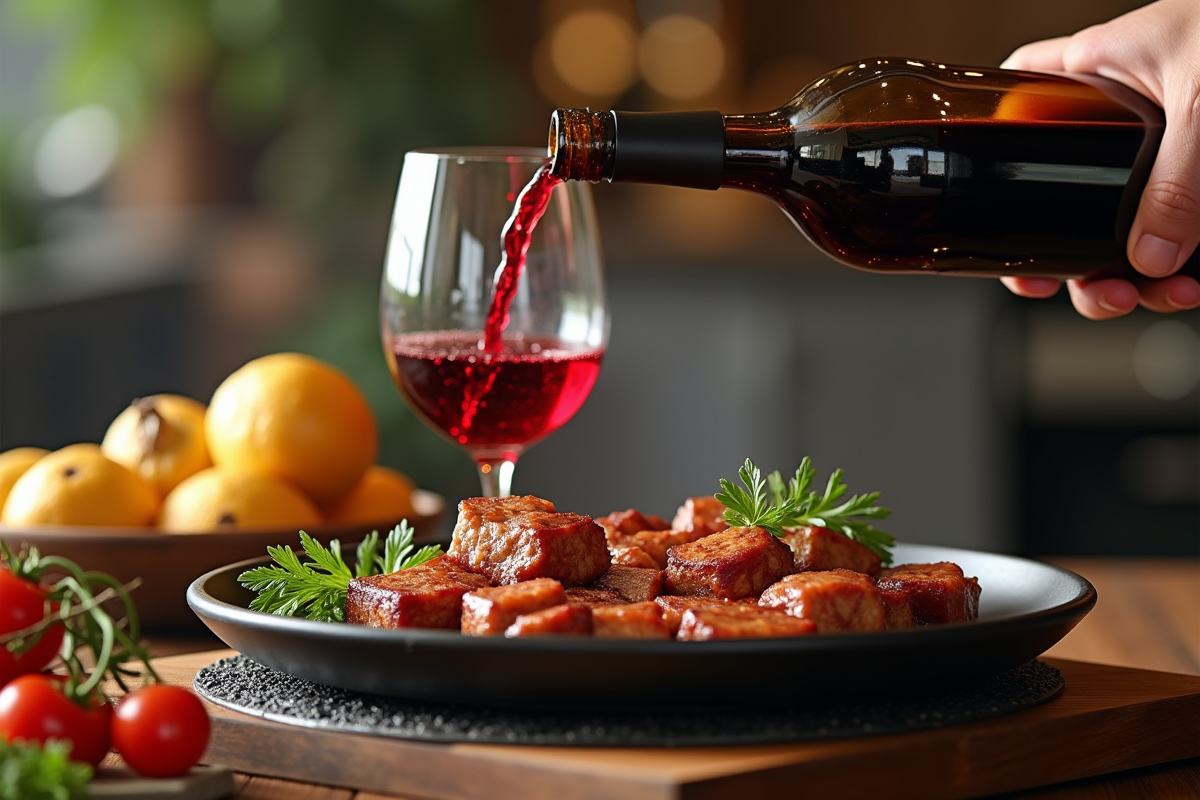 Main versant vin rouge sur pierrade grillée