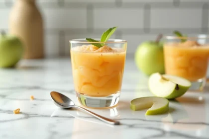 Verrine élégante de pâte de fruit à la pomme dorée sur marbre blanc avec cuillère argentée et tranches de pomme fraîche