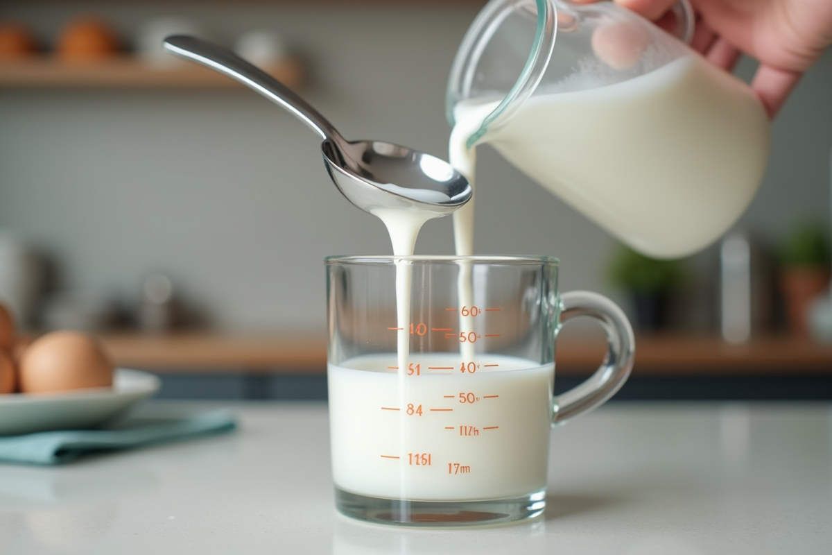Cuillere en metal versant du lait dans un verre doseur
